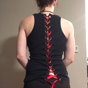 Black tank top with red ribbon corset